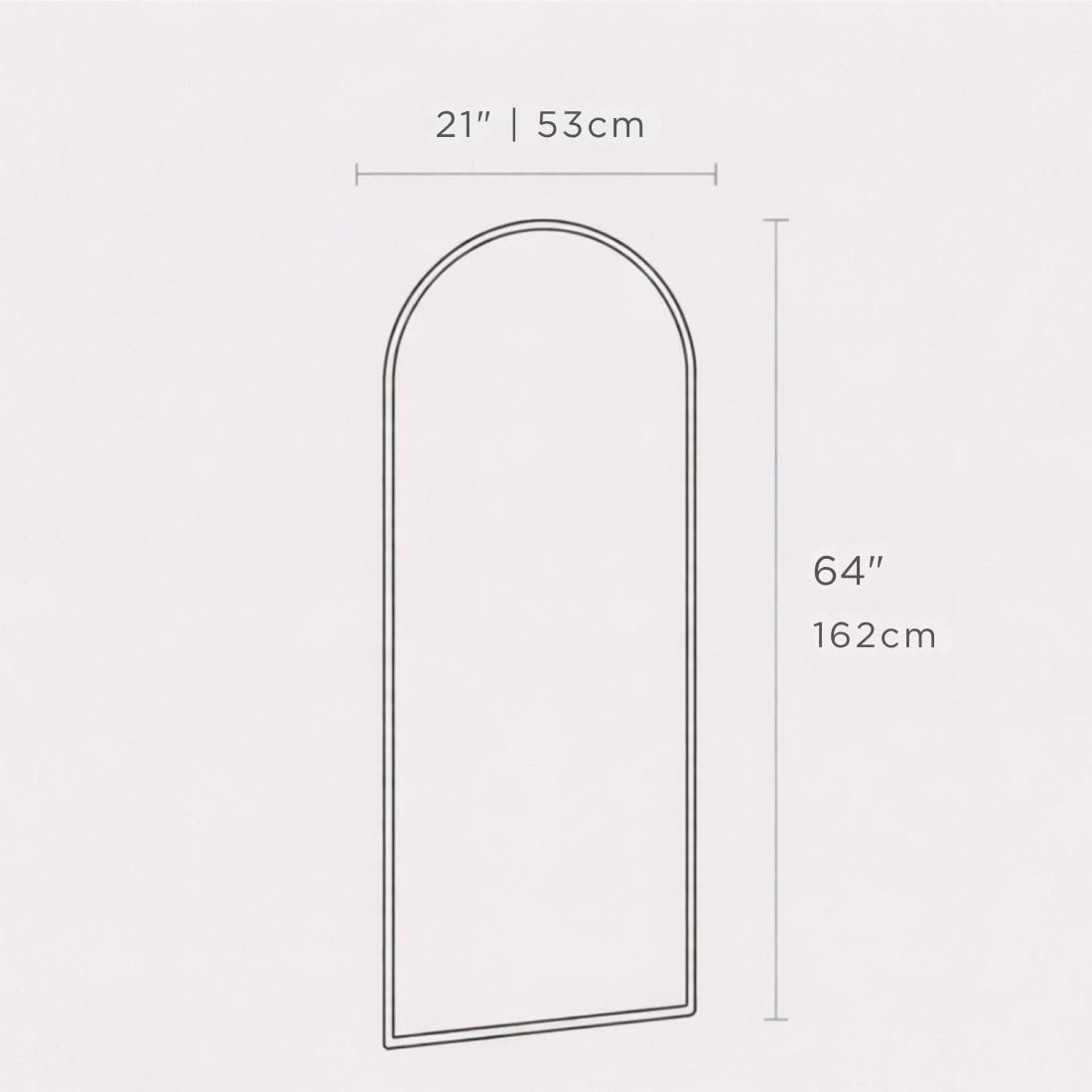 Arch-shaped product outline with dimension markings showing 21 inches by 64 inches (53 cm by 162 cm) on a light gray background.