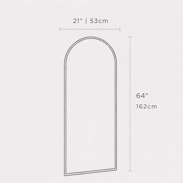 Arch-shaped product outline with dimension markings showing 21 inches by 64 inches (53 cm by 162 cm) on a light gray background.