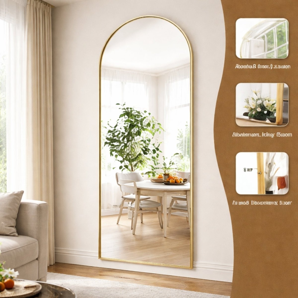 A close-up detail shot of the gold arched mirror's slim frame and high-definition, shatterproof glass, reflecting a small plant.