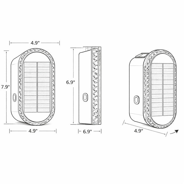 Technical drawing of a rectangular electronic device with dimensions labeled