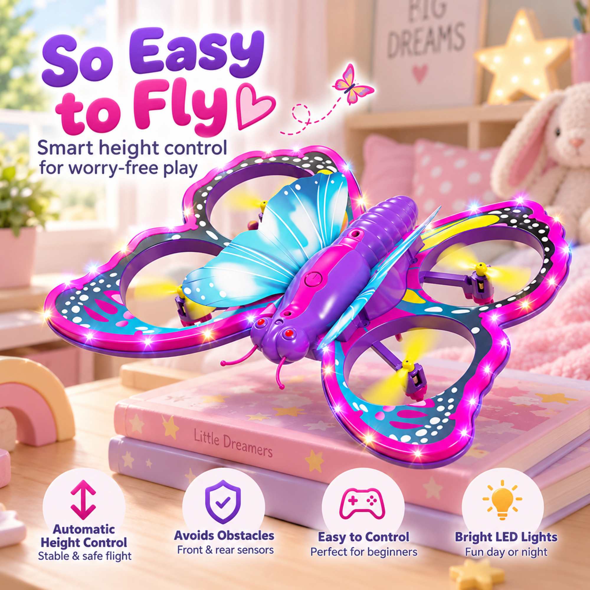 A colorful butterfly-shaped drone toy with glowing LED lights, shown flying over books in a child's bedroom setting. The image includes marketing text and feature icons at the bottom.