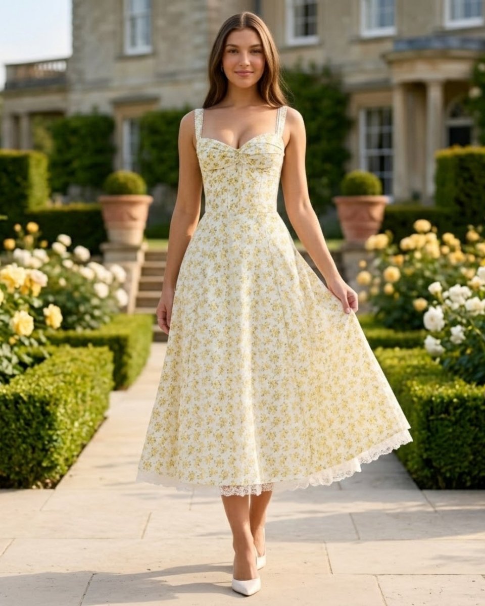 A woman wearing a sleeveless cream-colored A-line midi dress with a yellow floral pattern and white lace trim, standing in a formal garden pathway with a grand stone mansion in the background.