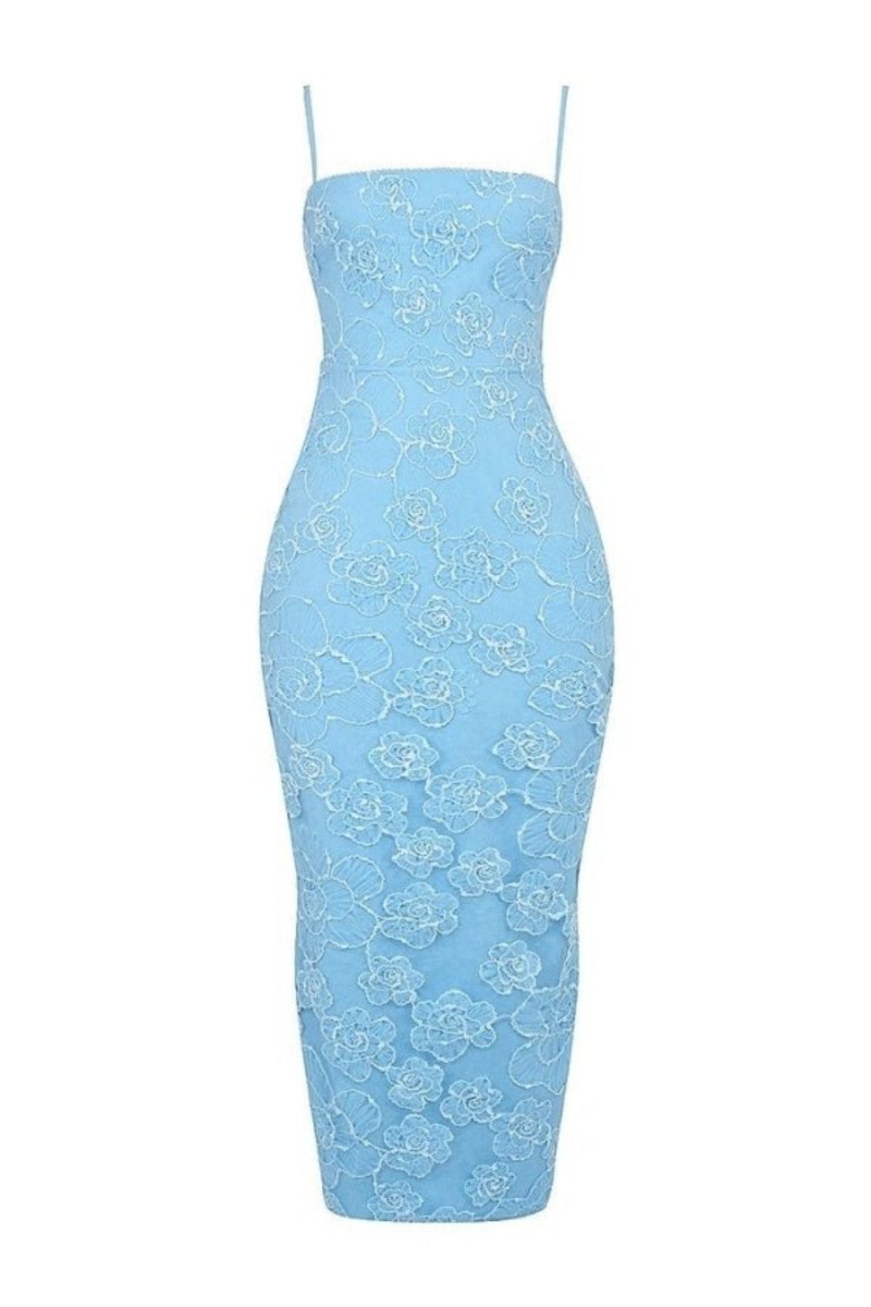 A light blue bodycon midi dress with thin spaghetti straps and an allover floral lace overlay, shown against a plain white background.