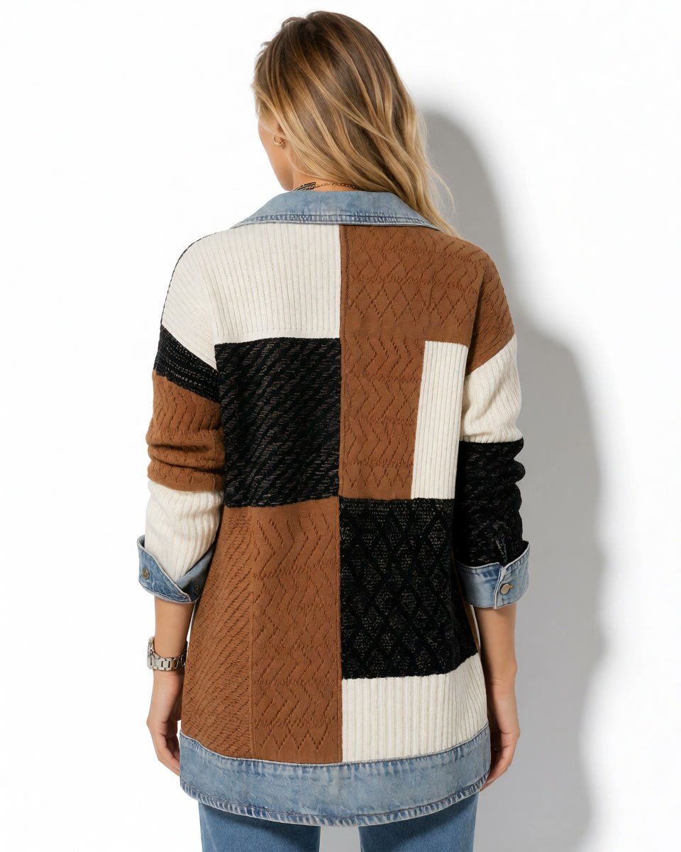 Rückansicht der mehrfarbigen Paulina Strickjacke mit Denimkragen und Denimsaum.