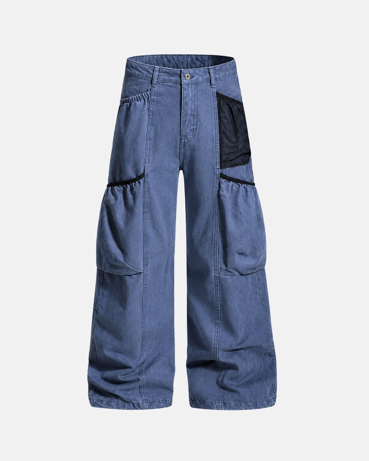 A pair of wide-leg blue denim cargo pants with black contrast panels on the front pockets, shown against a light gray background.