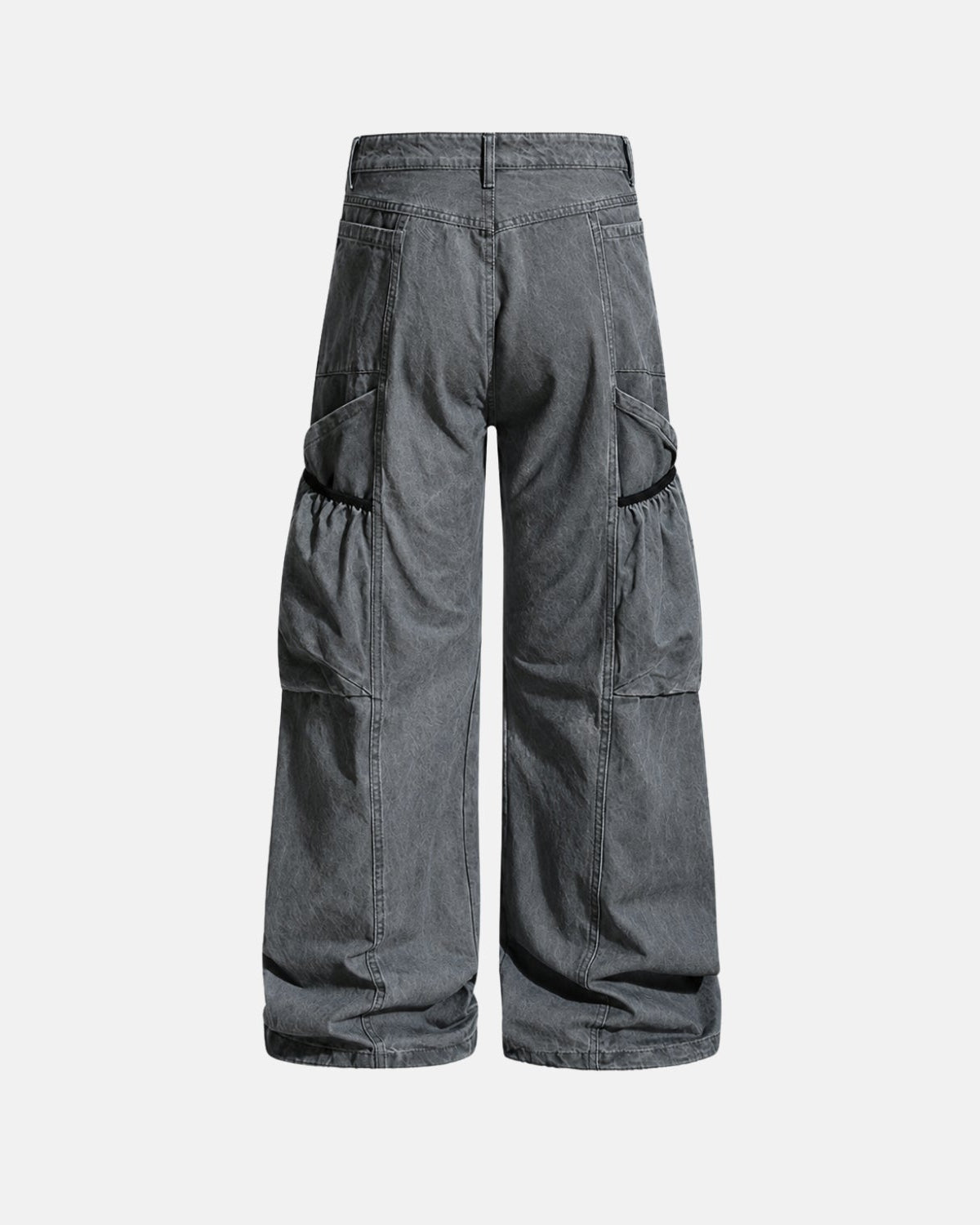 A pair of wide-leg cargo pants in washed dark gray denim, shown from the back against a light gray background.