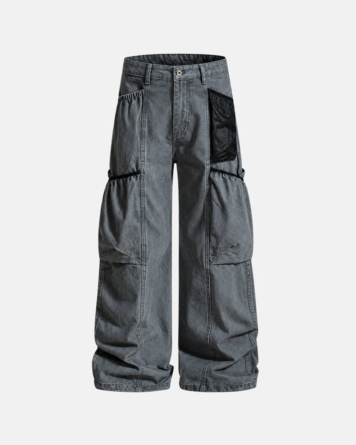 A pair of wide-leg cargo pants in washed dark gray denim, featuring a black mesh pocket on the right hip and black elasticized drawstring details on the left leg, shown against a light gray background.