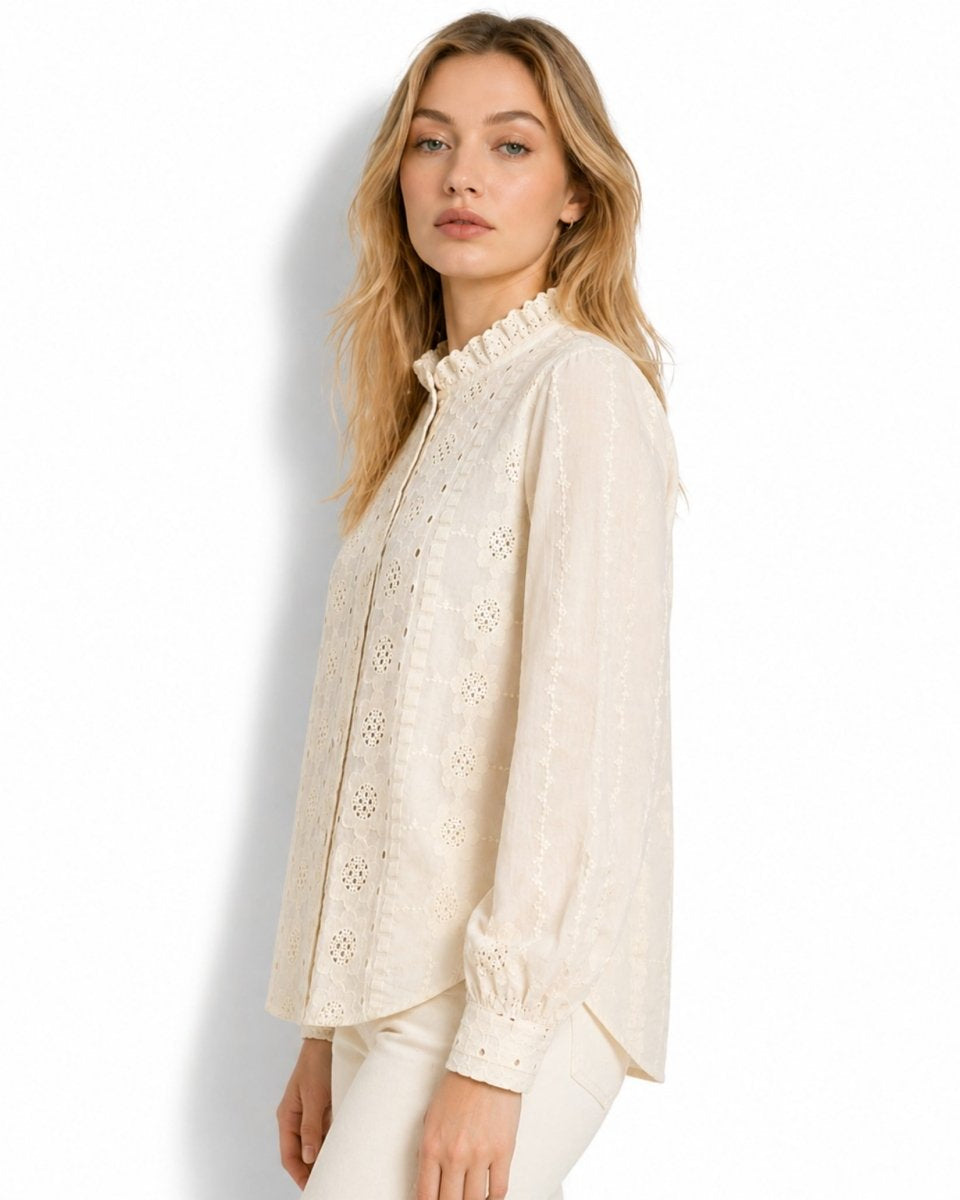 Side profile of woman modeling an off-beige romantic ruffled lace top showcasing long balloon sleeves and relaxed tailored fit.