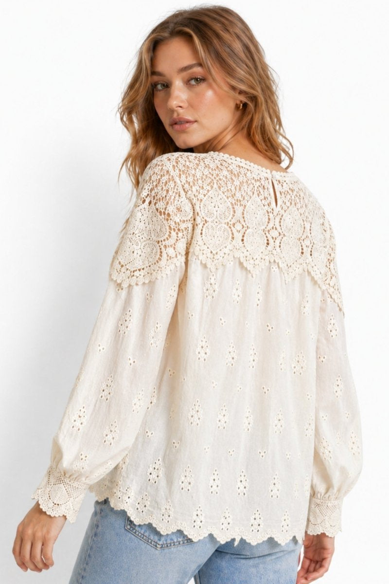 Back view of romantic beige cotton lace blouse highlighting sheer crochet shoulder panels and keyhole button closure