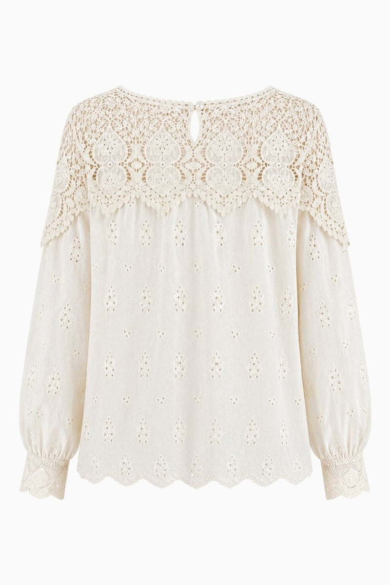 Back flat lay product shot of beige bohemian cotton blouse displaying premium floral crochet back details