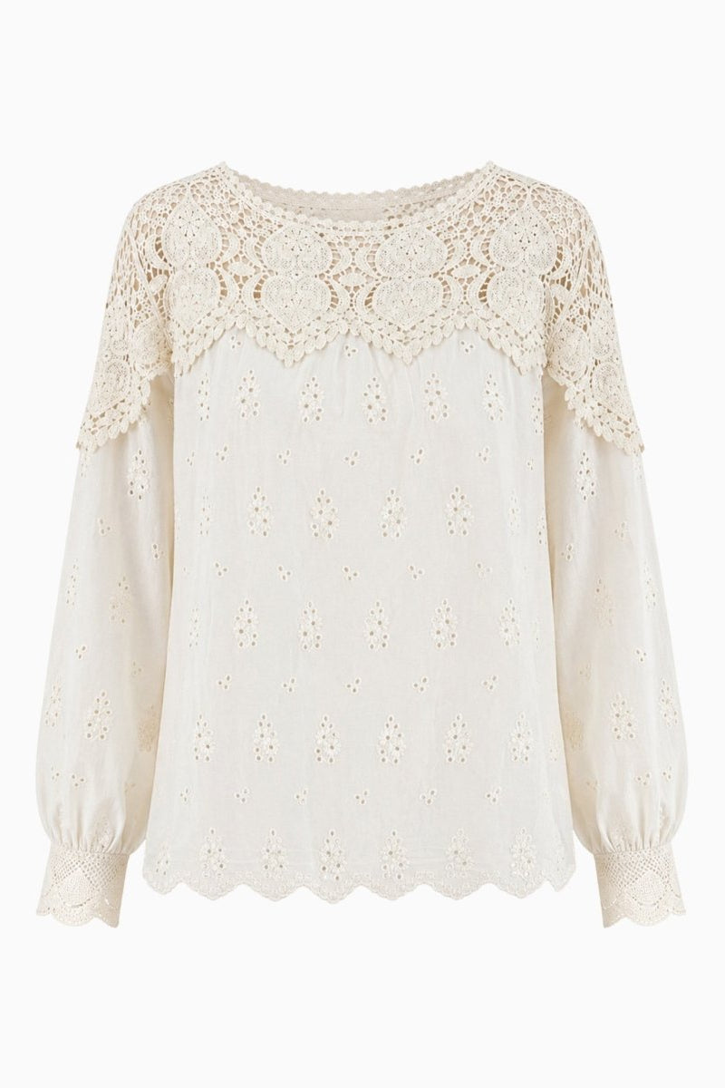 Front flat lay product shot of Fenlo Form beige eyelet long sleeve top showing detailed lace yoke and scalloped hemline