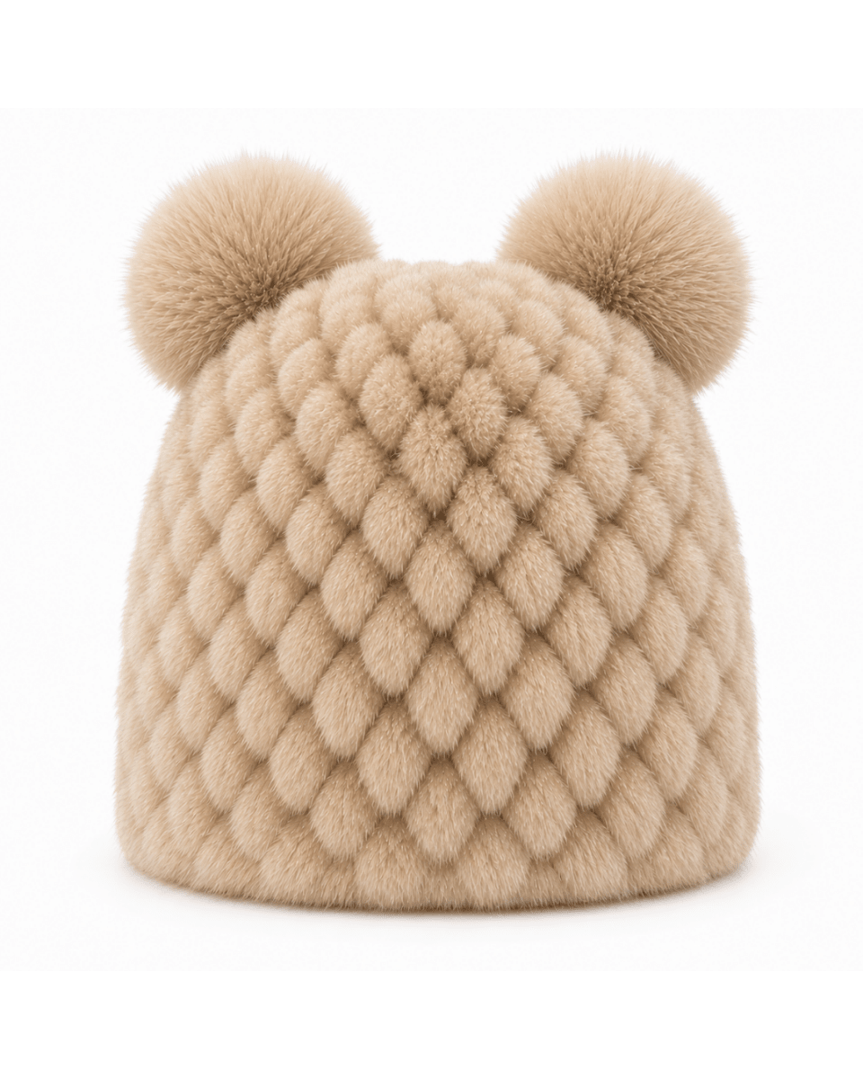 A beige faux fur beanie hat featuring a textured diamond pattern and two matching pom-poms on top, shown against a plain white background.