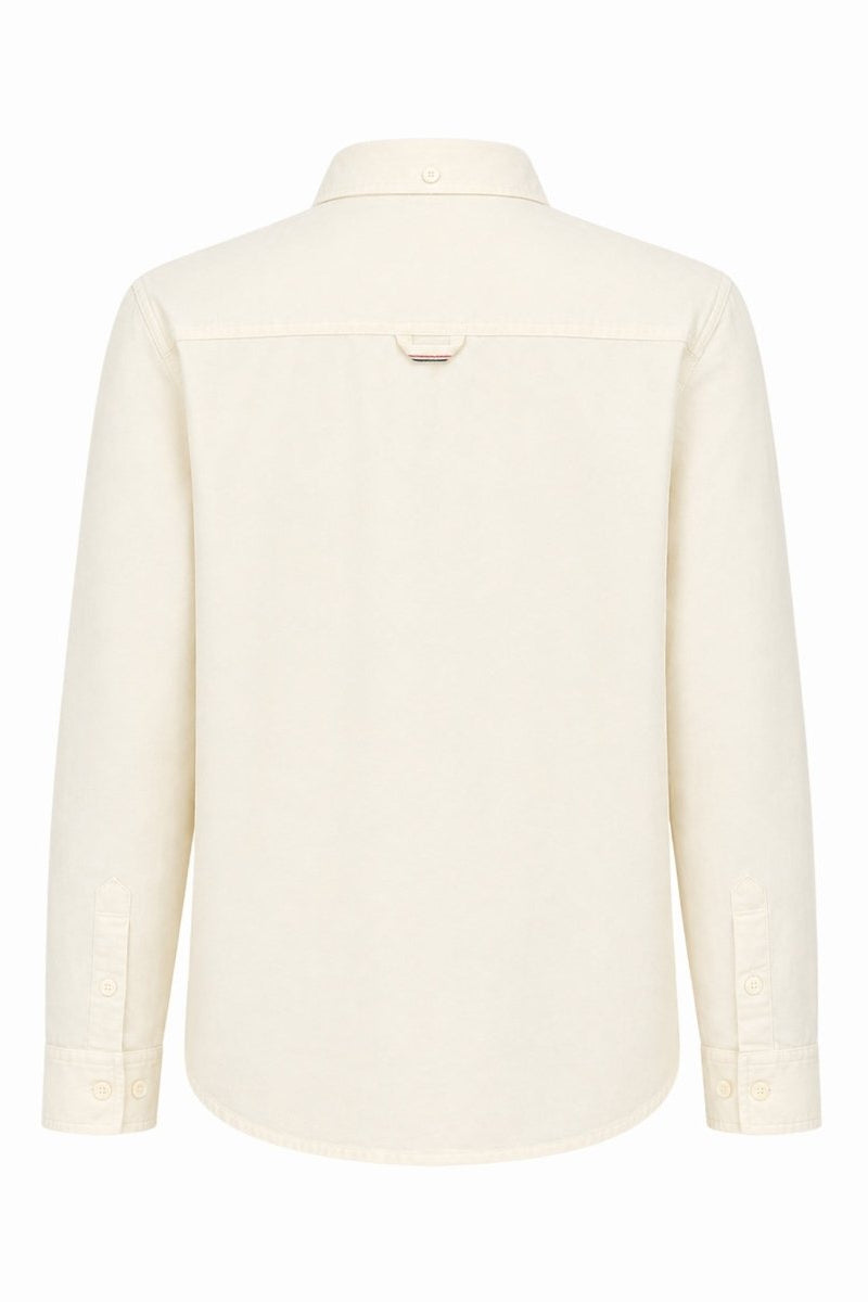 Ghost mannequin back view of a women's beige heavy cotton button-down shirt highlighting the clean lines and back yoke construction.