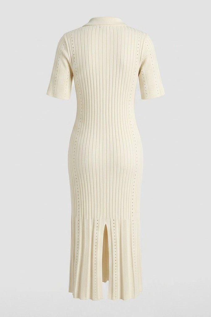 Ghost mannequin back view of Fenlo Form beige ribbed knit polo midi dress showing ribbed texture and hem slit.