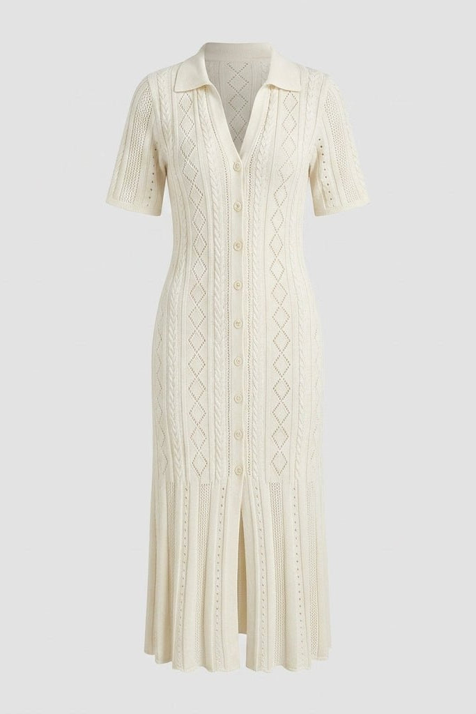 Ghost mannequin front view of Fenlo Form beige ribbed knit polo midi dress with button front.