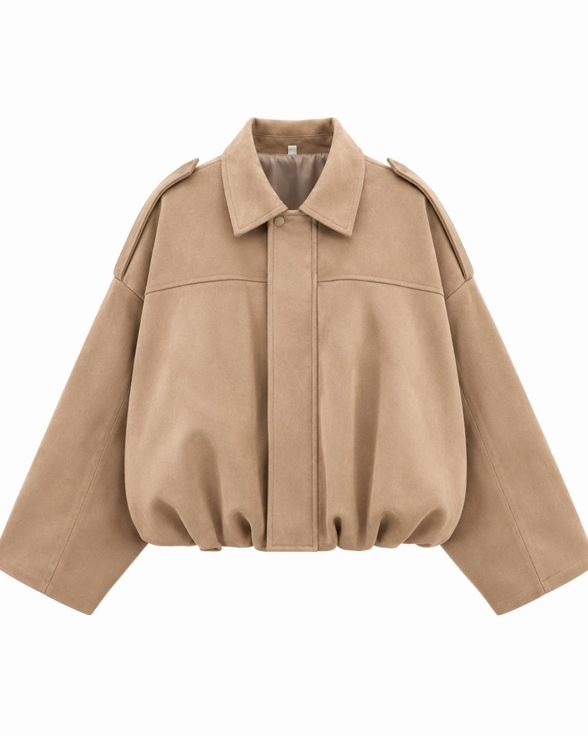 A cropped, oversized tan jacket with a pointed collar, button front, and shoulder epaulets, shown on a plain white background.