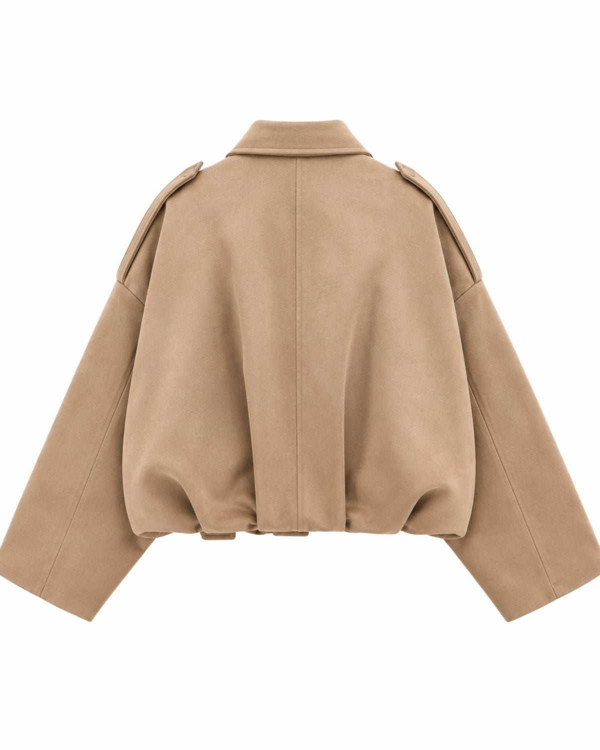 A cropped beige jacket with a wide collar, shoulder epaulets, and voluminous long sleeves, shown from the back on a solid white background.