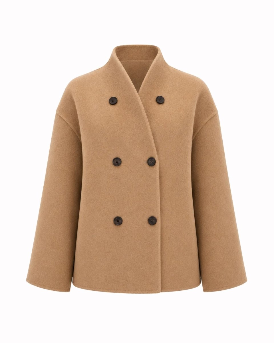 A camel-colored double-breasted coat with a stand collar and dark buttons, shown against a plain white background.