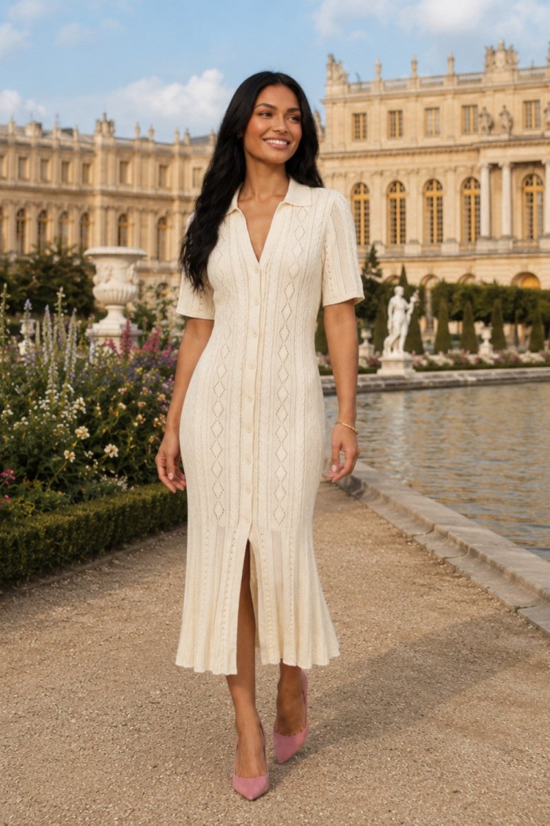 A woman wearing a cream-colored short-sleeve knit midi dress with a V-neckline and front slit, standing in front of a grand classical building and a reflecting pool.