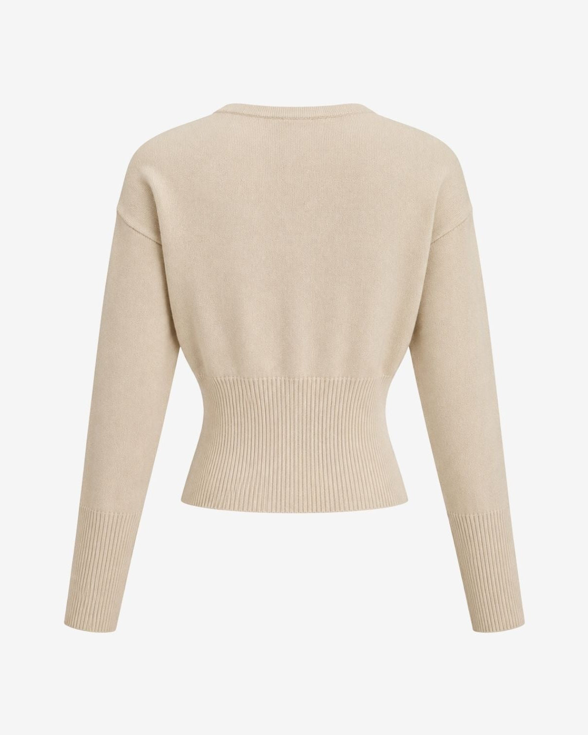 A light beige cropped knit sweater with long sleeves and a ribbed hem and cuffs, shown from the back on a clean white background.
