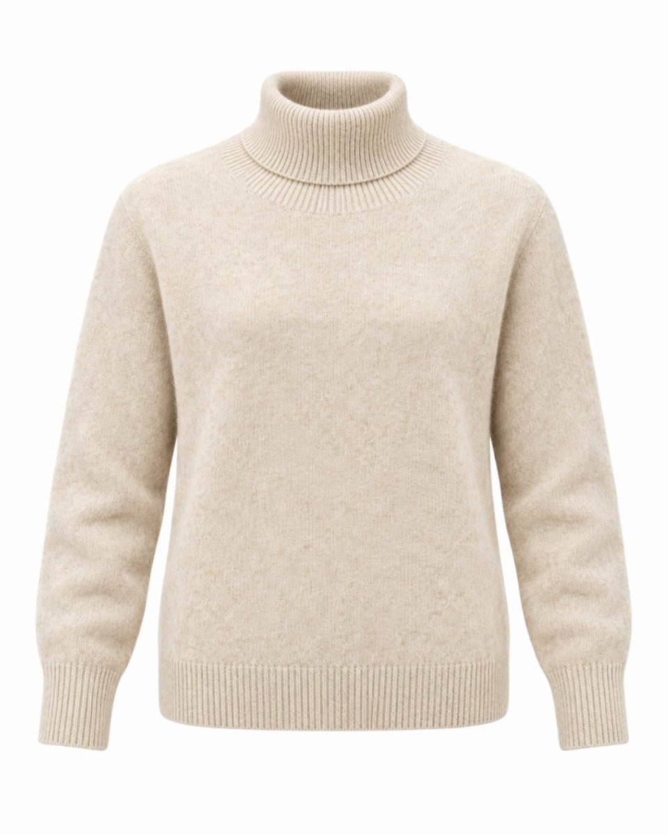 A light beige turtleneck sweater with a soft, fine-knit texture, shown on a plain white background.