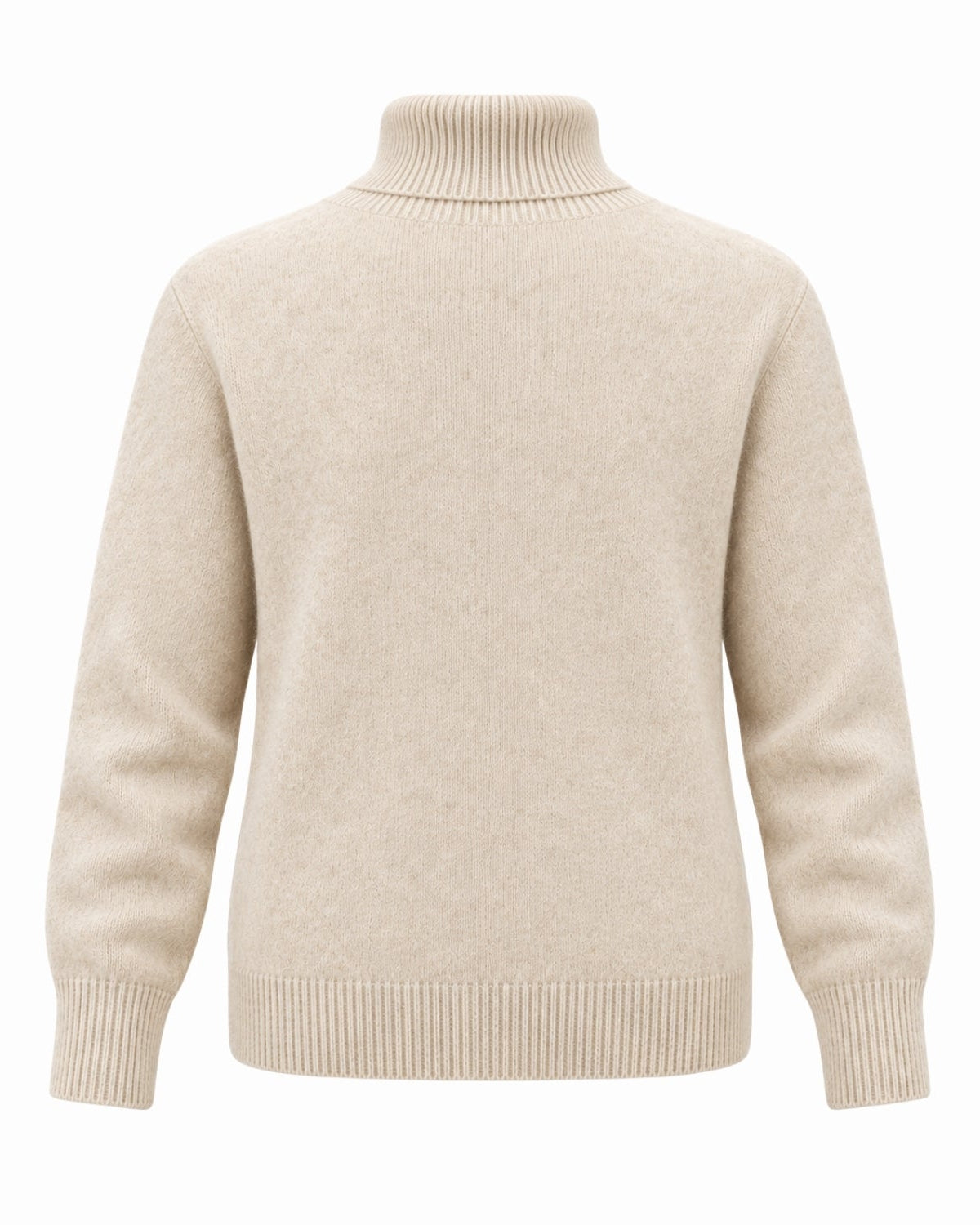 A light beige knit turtleneck sweater with ribbed collar, cuffs, and hem, shown from the back on a plain white background.