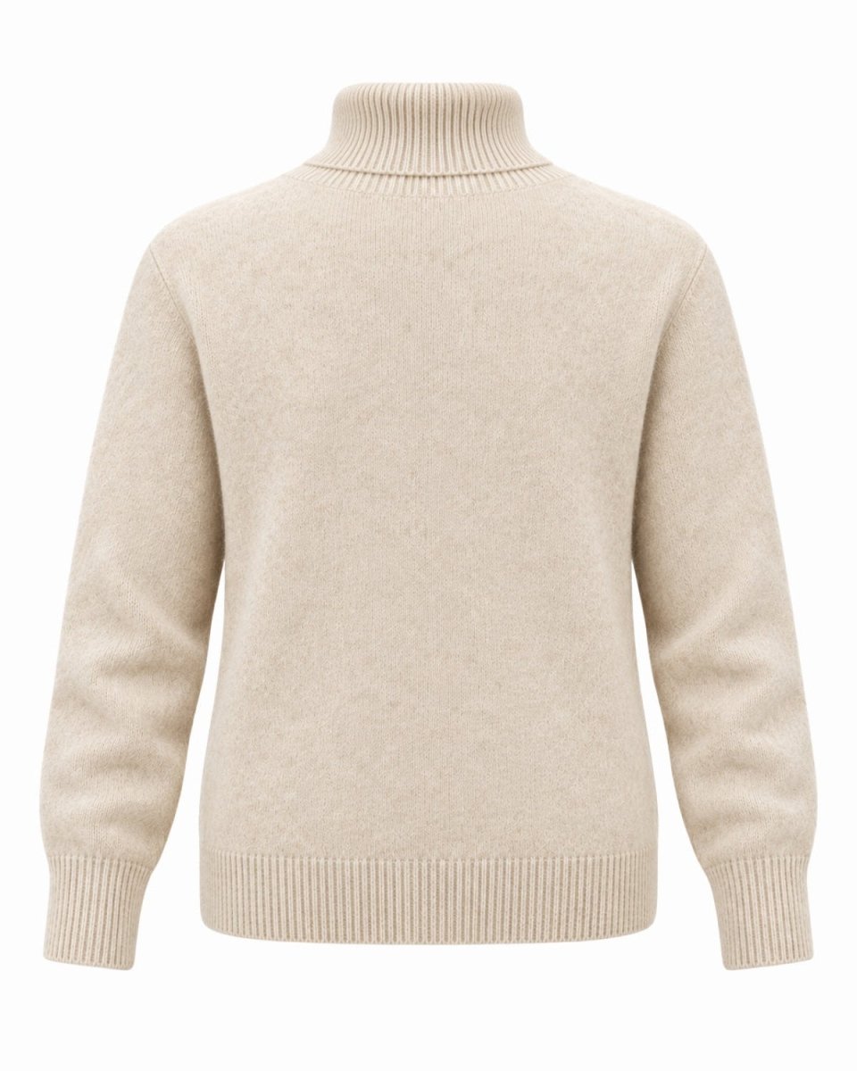A light beige knit turtleneck sweater with ribbed collar, cuffs, and hem, shown from the back on a plain white background.