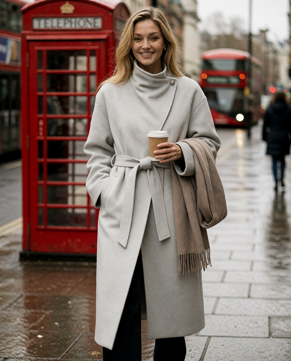 A woman stands on a wet city street wearing a light beige belted coat and a taupe scarf, holding a coffee cup. A red telephone booth is visible behind her, along with a red double-decker bus in the background.