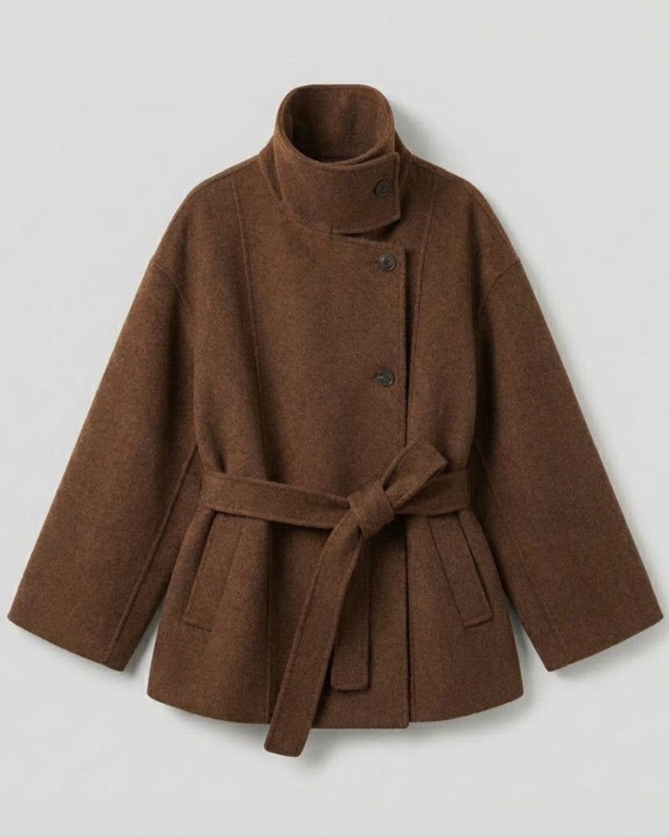 Flat lay of the brown wool wrap coat showing the asymmetrical button closure and tie belt.