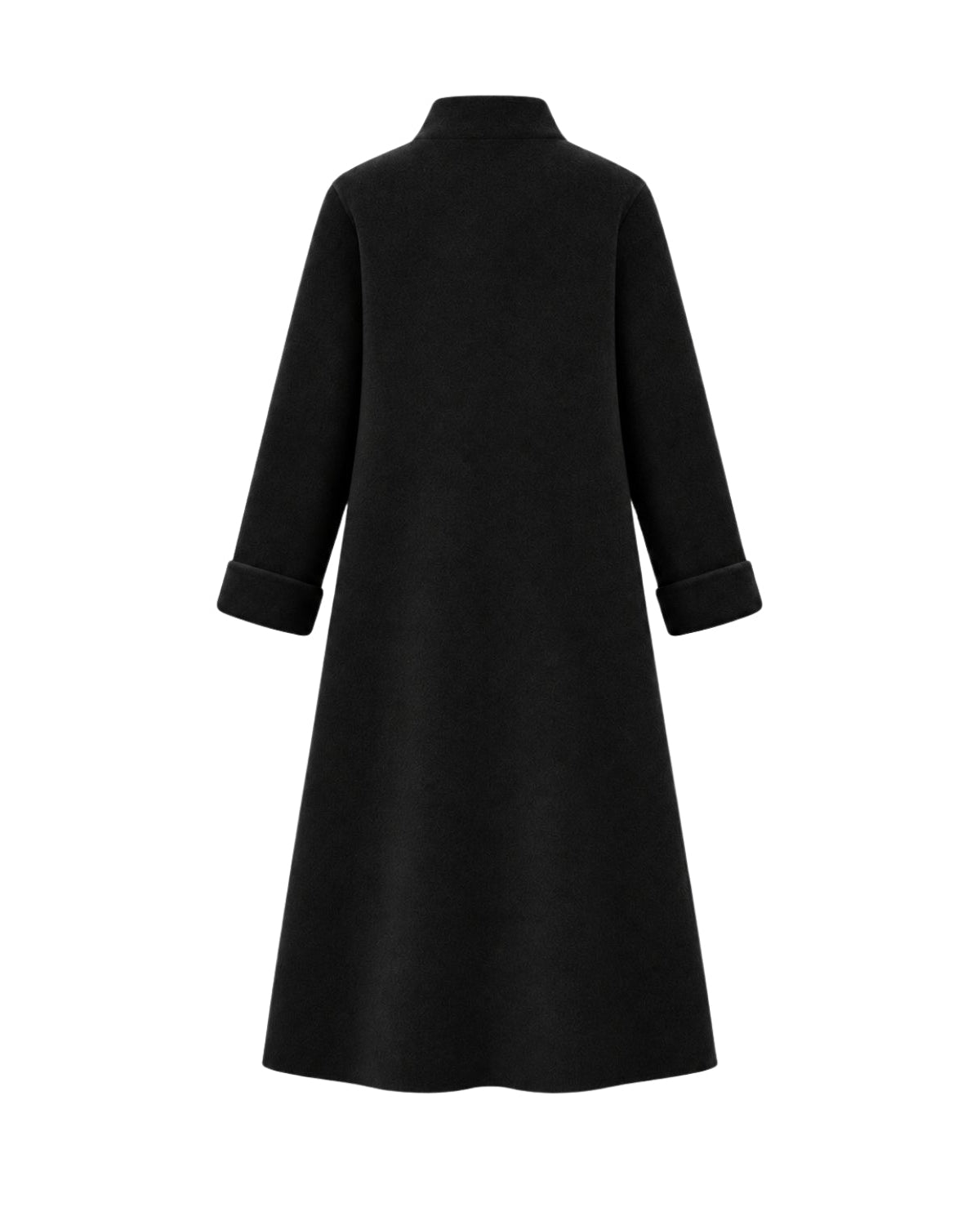 A black long-sleeve coat with a mock neck and rolled cuffs, shown from the back against a plain white background.