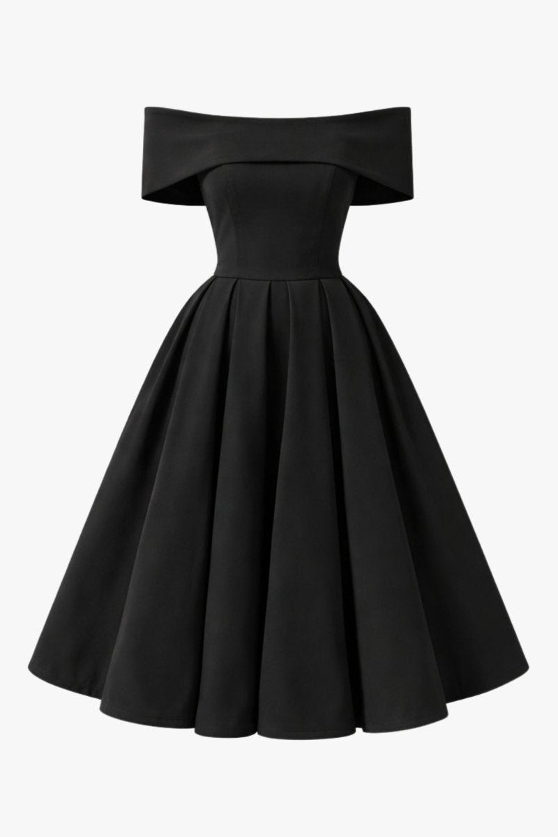 Front view of an unmodeled black off the shoulder A-line party dress showing the elegant neckline and structured pleating