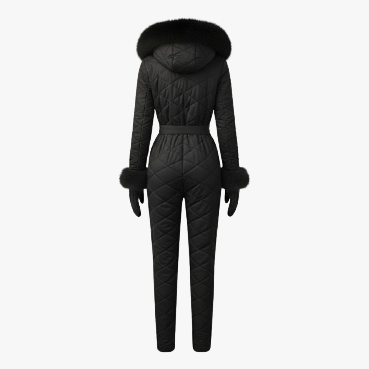 Product flat lay of the back of the black one-piece snowsuit, displaying the continuous diamond-quilted pattern.