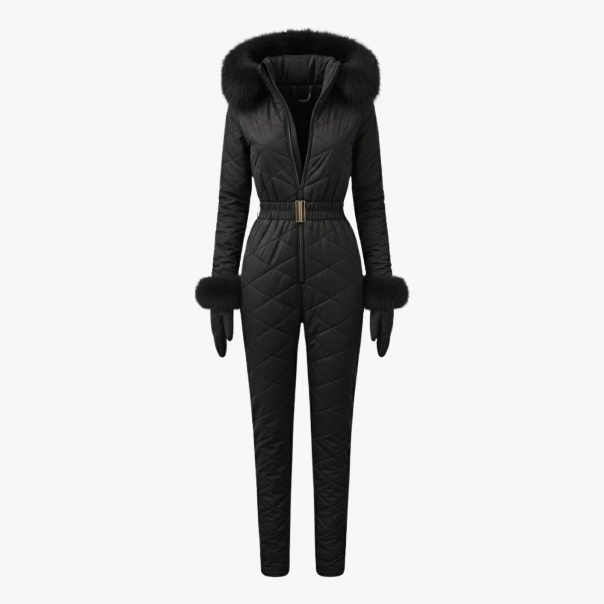 Product flat lay of the black one-piece snowsuit with matching gloves, showing the full garment details from the front.