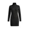 Flat lay product shot of the Kouvr Fashion black turtleneck sweater dress, showcasing the intricate diamond and rope cable-knit pattern in detail. 