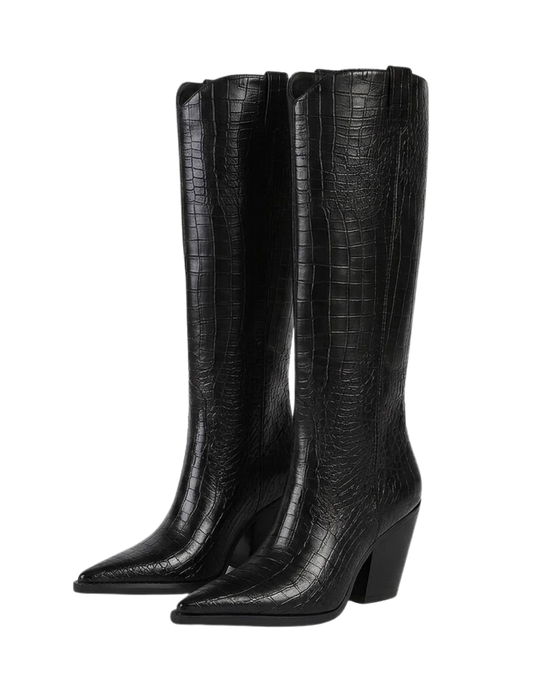 A pair of black knee-high boots with a crocodile-embossed texture, featuring pointed toes and a low block heel, shown against a plain white background.