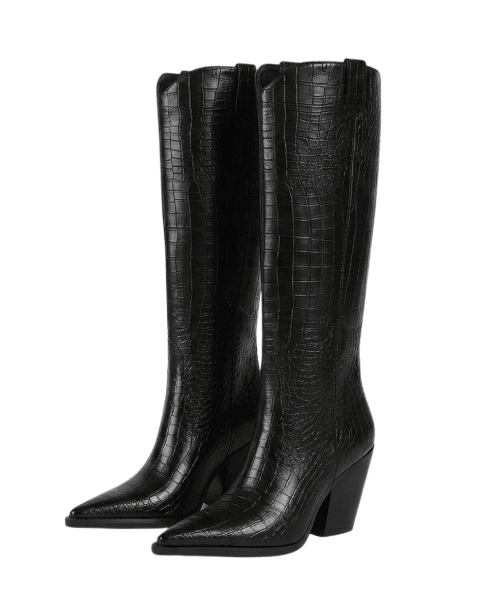 A pair of black knee-high boots with a crocodile-embossed texture, featuring pointed toes and a low block heel, shown against a plain white background.