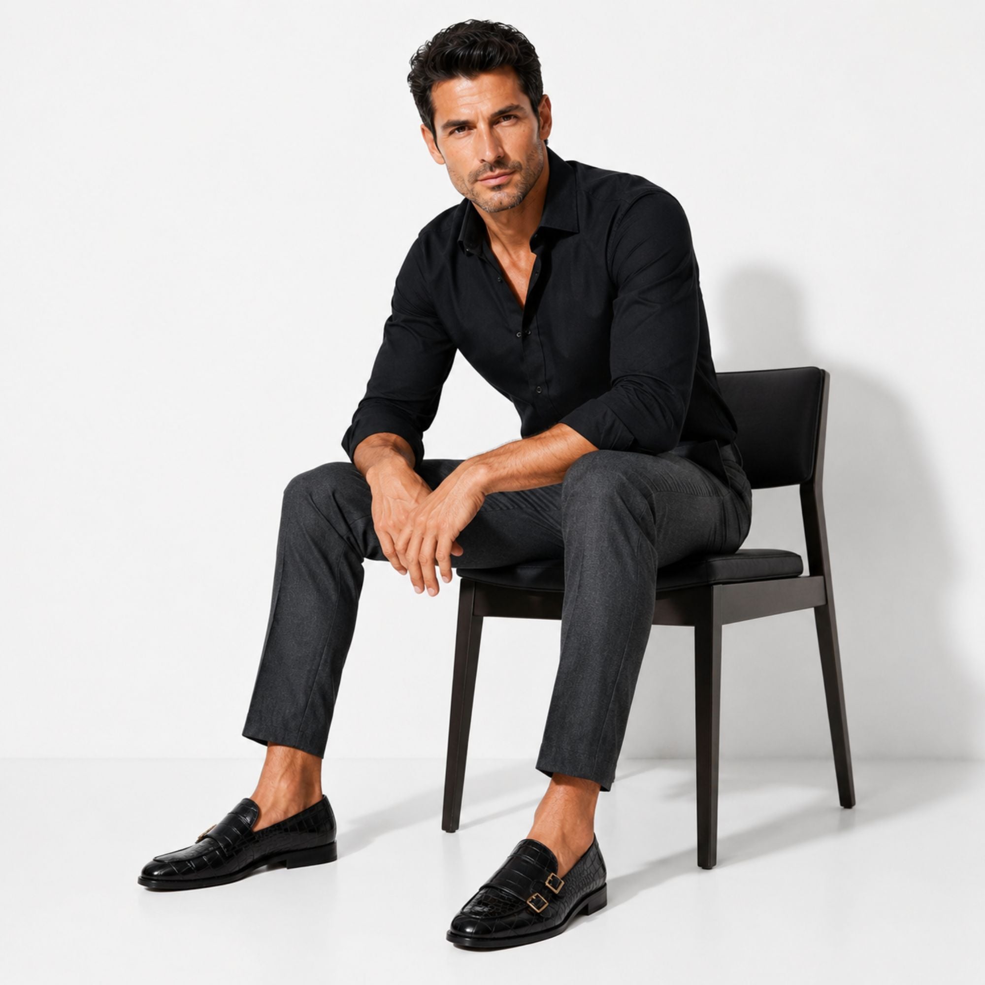 A man wearing a black long-sleeve button-up shirt, dark gray trousers, and black leather loafers with gold buckle details sits on a black chair against a white studio background.