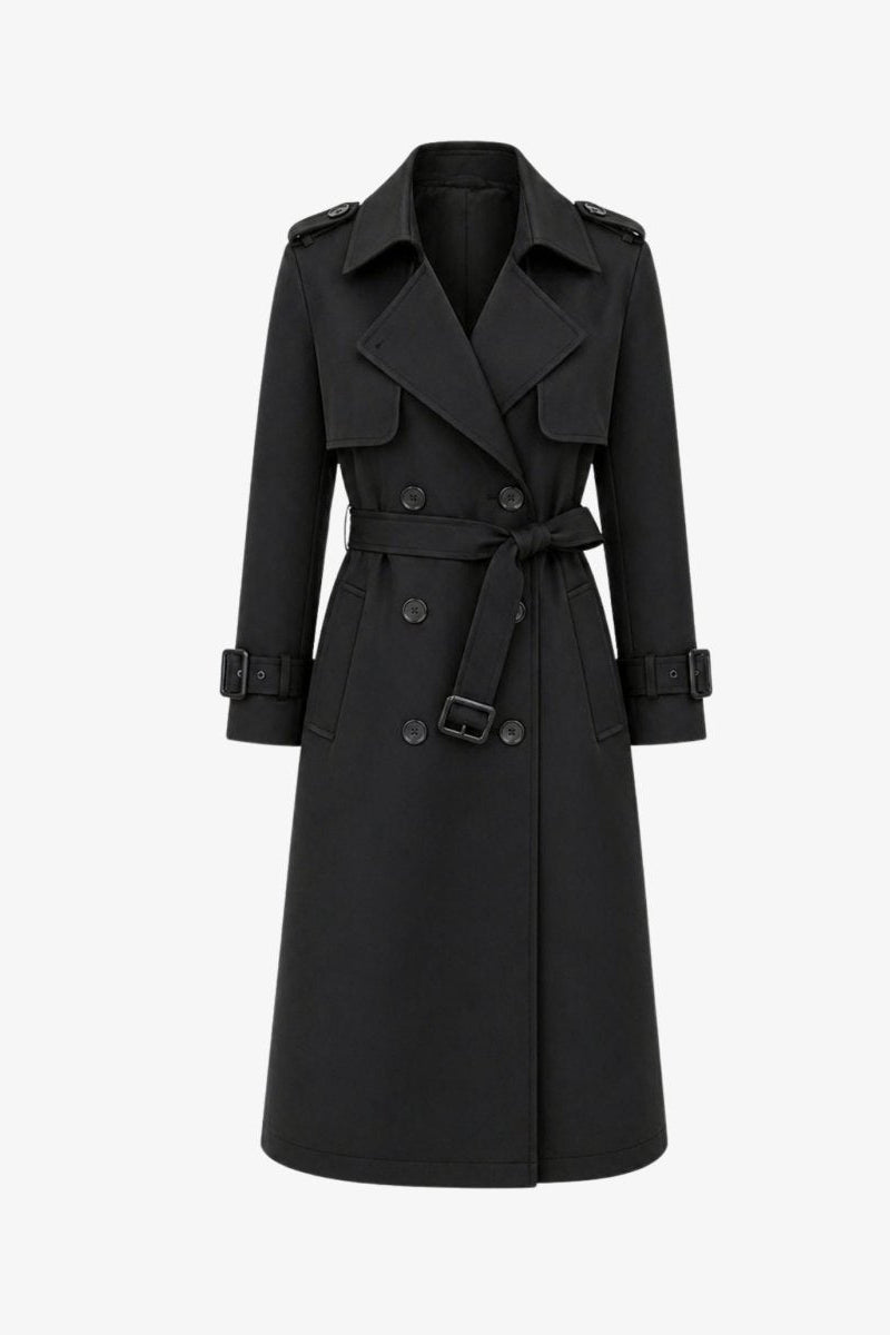 Flat lay product shot of women's black double breasted trench coat with waist belt