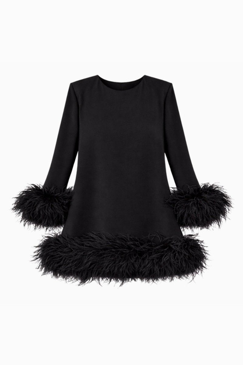 A black long-sleeve dress with voluminous feathered trim at the cuffs and hem, shown against a plain white background.