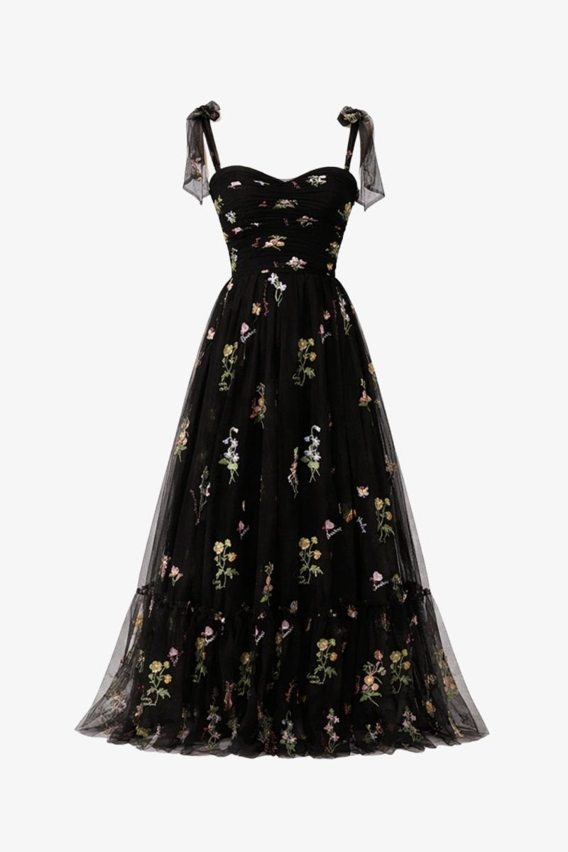 Ghost mannequin front view of Fenlo Form black tulle corset maxi dress with multicolor floral embroidery and sweetheart bust.