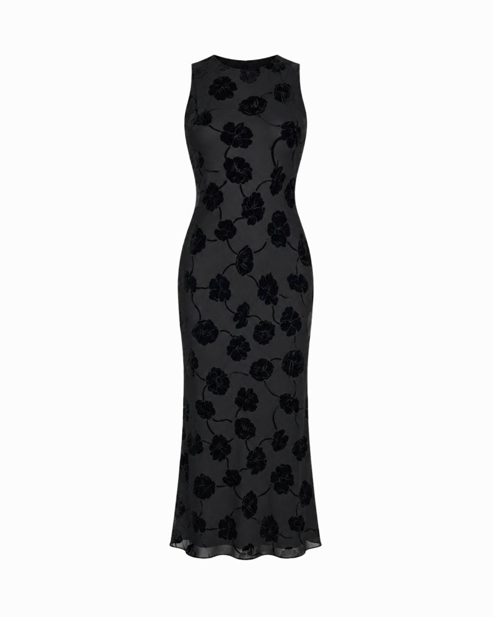 Flat lay front view of black floral textured high neck maxi dress