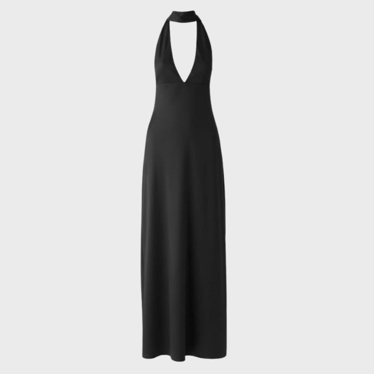 Flat product shot of the black halter V-neck maxi dress by Kouvr Fashion, laid out to show its full length and shape.