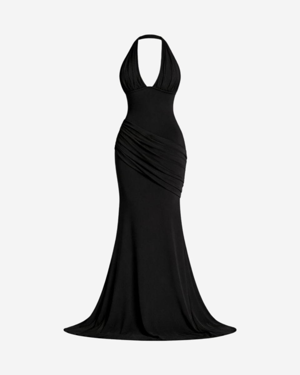 Front view of a black halter v-neck ruched mermaid maxi dress on an invisible ghost mannequin, showcasing the garment's silhouette.