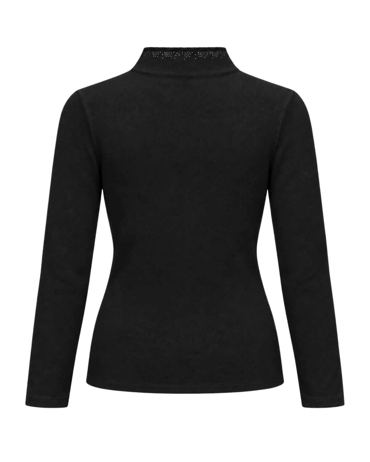 A black long-sleeve mock neck top with a subtle textured knit and a delicate patterned trim along the inner collar, displayed on a clean white background.