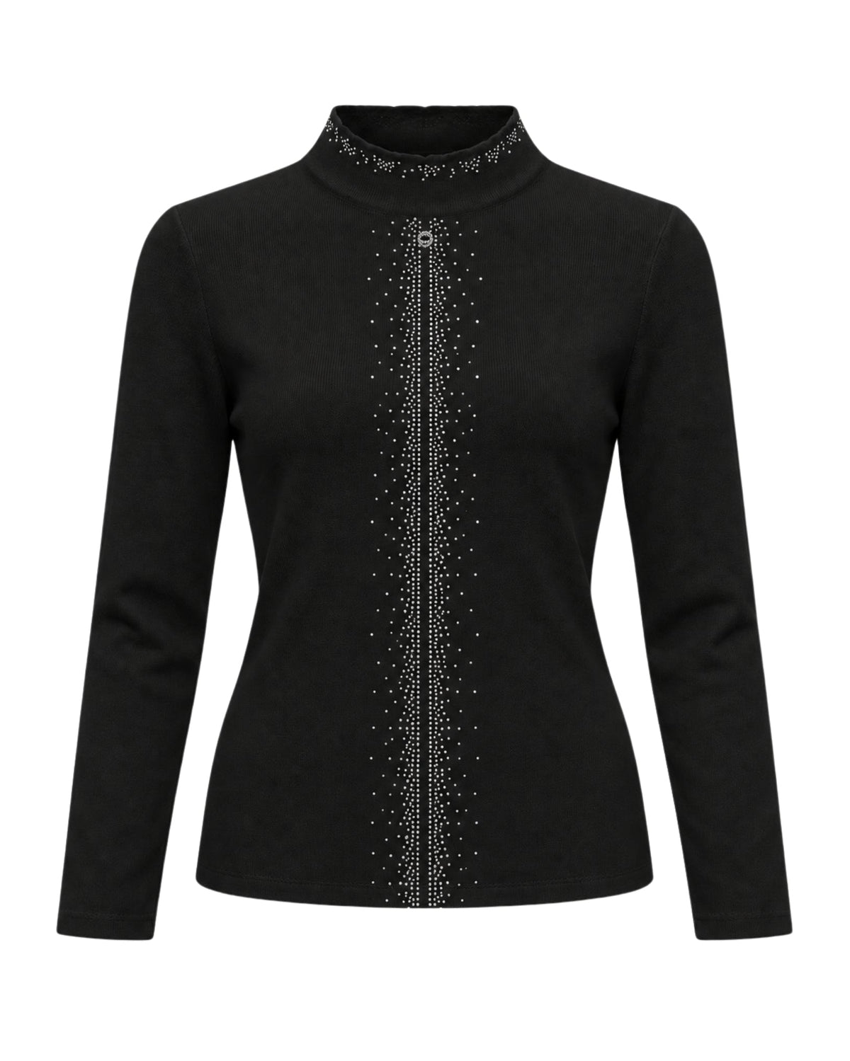 A black long-sleeve mock neck sweater with a vertical line of silver rhinestones down the center front and a matching horizontal line of rhinestones across the collar, shown on a plain white background.