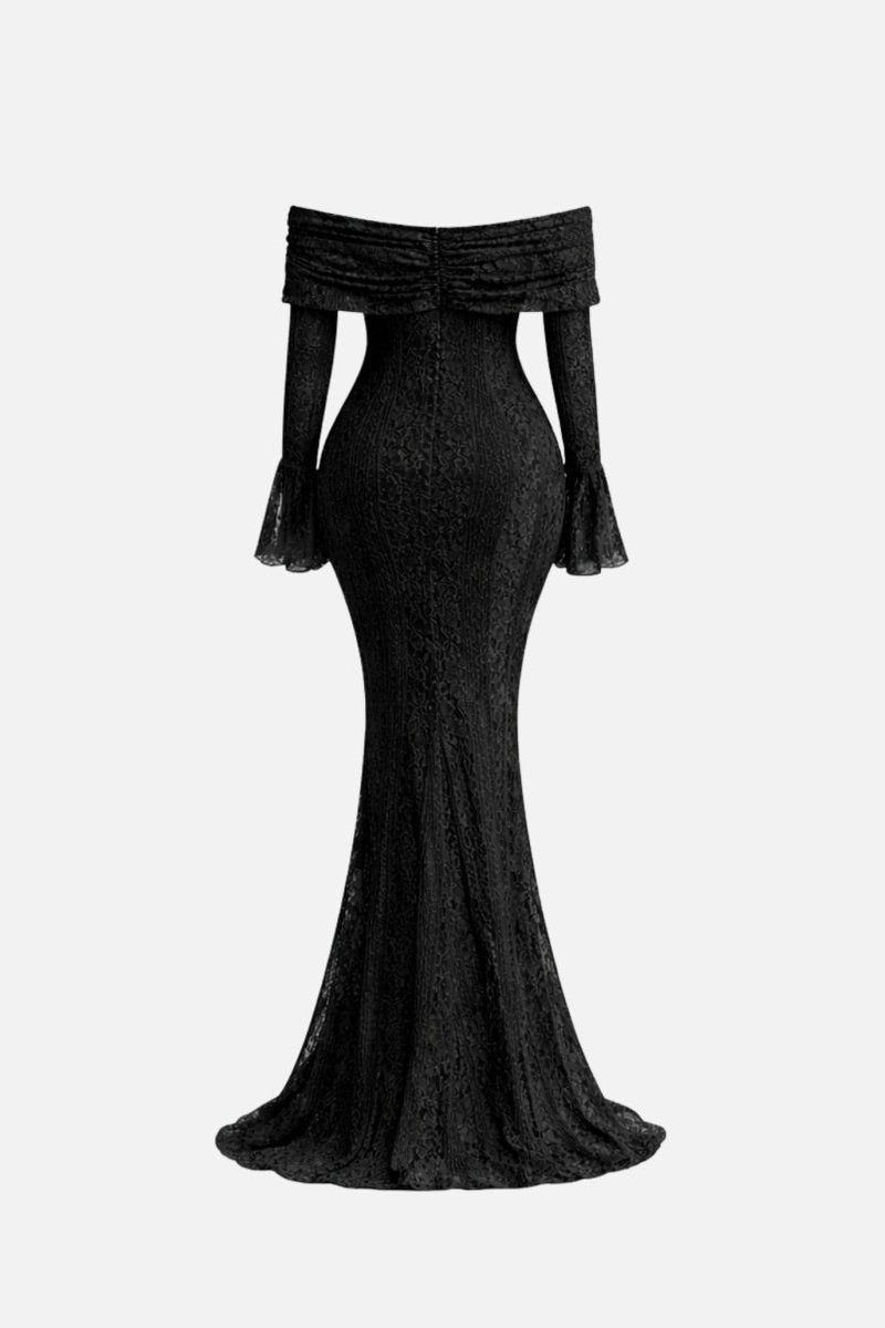 Studio back view product shot of an elegant black lace evening gown showing the off the shoulder neckline and flared mermaid hem