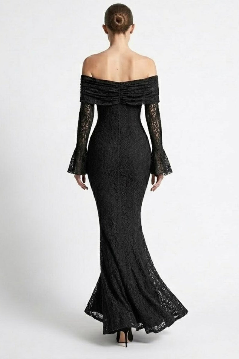 Back view of a fitted black lace maxi dress showing the floor-length sweeping hemline and off-the-shoulder back detailing