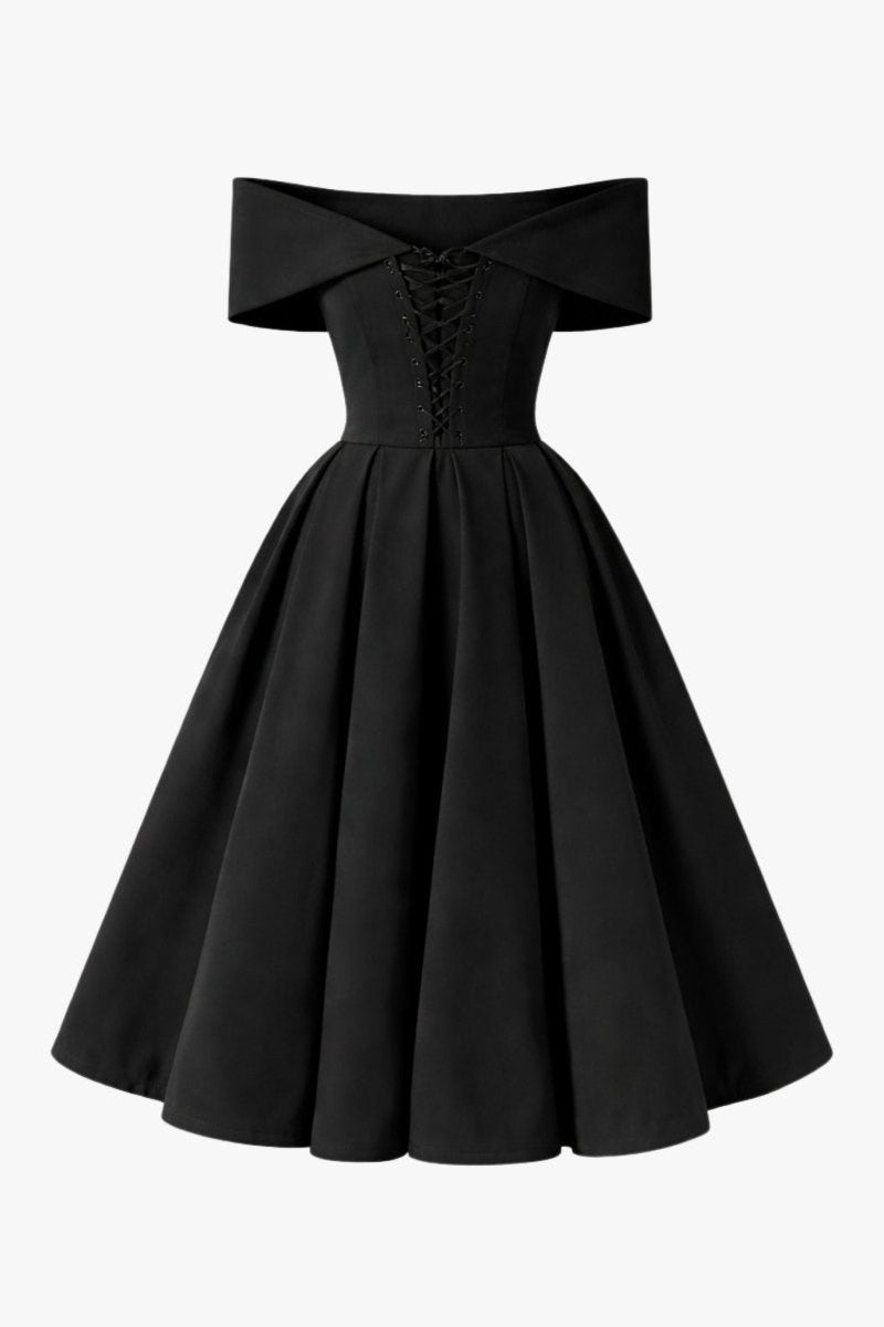 Back view of an unmodeled black evening dress displaying the adjustable lace-up corset back over a tailored pleated skirt