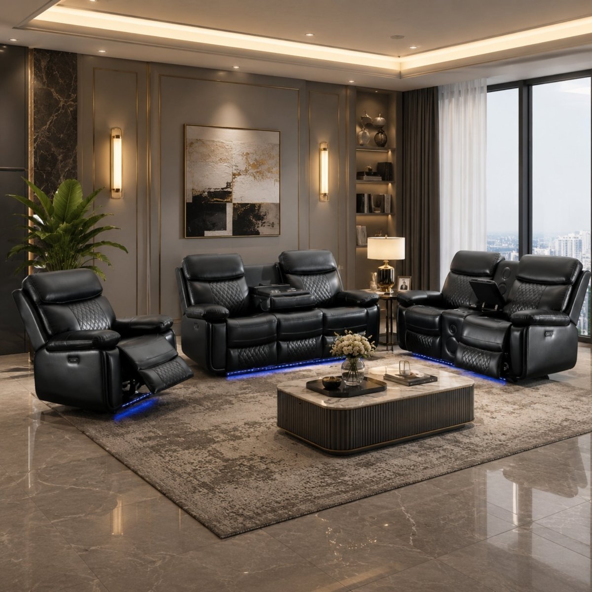 Black modern power reclining home theater living room furniture set featuring diamond stitching and LED base lighting