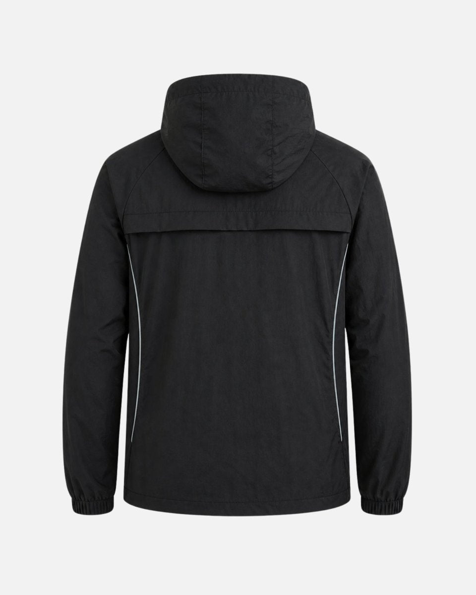 Back view of black athletic jacket on invisible mannequin showing hood and back storm flap detail.